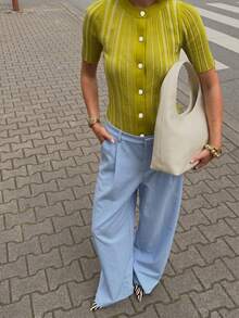 Cardigan Rajut Lengan Pendek Leher Bulat Motif Garis-garis Colorblock Y2K untuk Wanita, Cardigan Kasual Elegan untuk Perjalanan Sehari-hari ke Kantor/Kampus, Musim Semi/Panas - Mustard Yellow - View 8