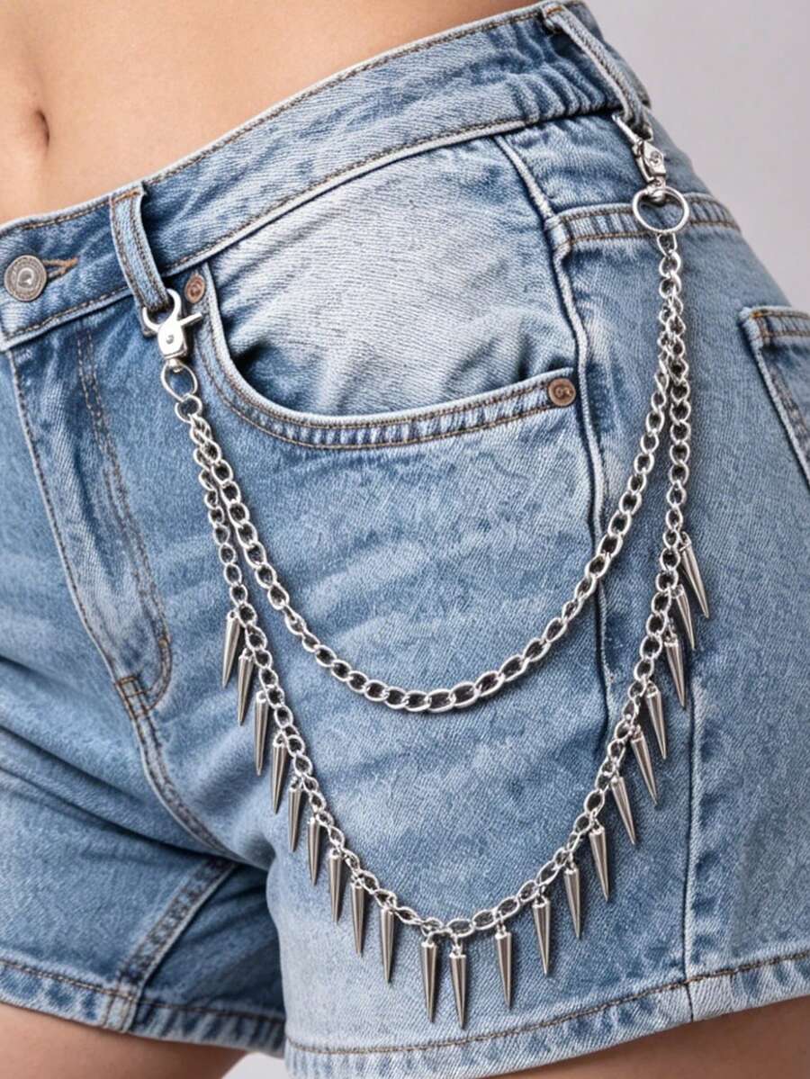 1 Stück Hüftkette im europäischen und amerikanischen Hip-Hop-Punk-Stil mit Metallnieten, mehrlagig, Gürtel-Accessoire für Bühnenauftritte und Jeans - Silber - Übersicht 1