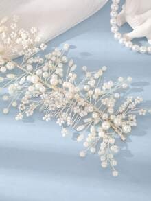 1 pieza Clip para el cabello con rama delgada y racimo de perlas elegante vintage | Accesorio de novia para boda, accesorio de peinado para vestido de novia relajado - Multicolor - Ver 4