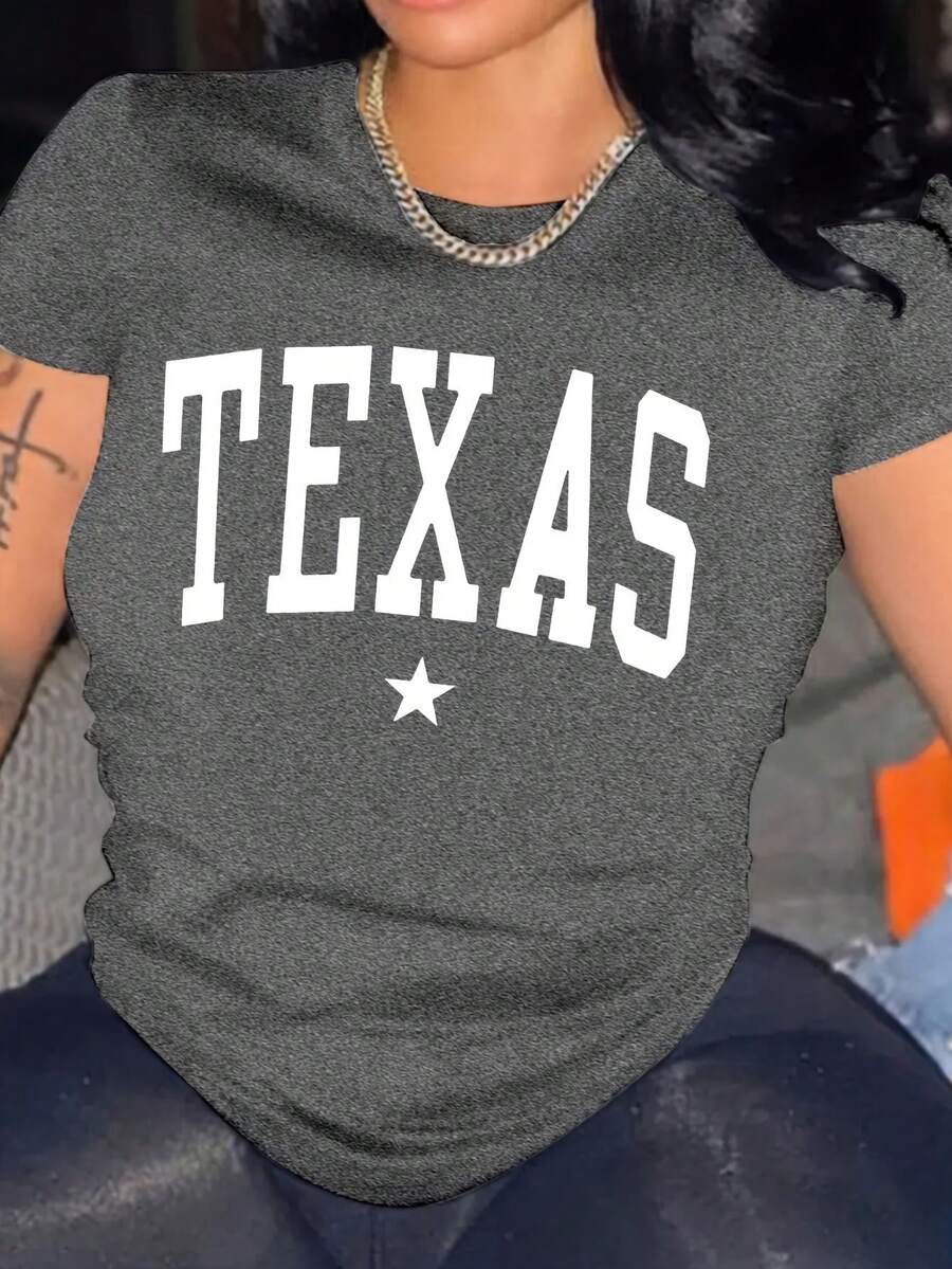 Audaces de Texas - Top Casual de Cuello Redondo y Manga Corta con Diseño de Estrellas, Tejido Transpirable de Elasticidad Media, Lavable a Máquina para Primavera/Verano, Camisetas para Damas - Gris Oscuro - Ver 1
