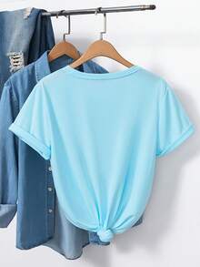 Playera cómoda de manga corta para mujer, diseño holgado con estampado de flores y colibríes, ideal para exteriores, transferencia térmica creativa, tallas XS a XXL - Azul claro - Ver 2