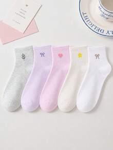 1/5 Paia Di Calzini Alla Caviglia Da Donna Con Motivi Casuali A Fiocco, Cuore, Fiore, Morbidi, Confortevoli, Traspiranti, Per Uso Quotidiano - Multicolore - Visualizzare 4