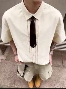 男士夏季時尚簡約百搭壓褶設計翻領全開扣短袖襯衫(不含領帶)男士禮物 - 杏色 - 查看 10