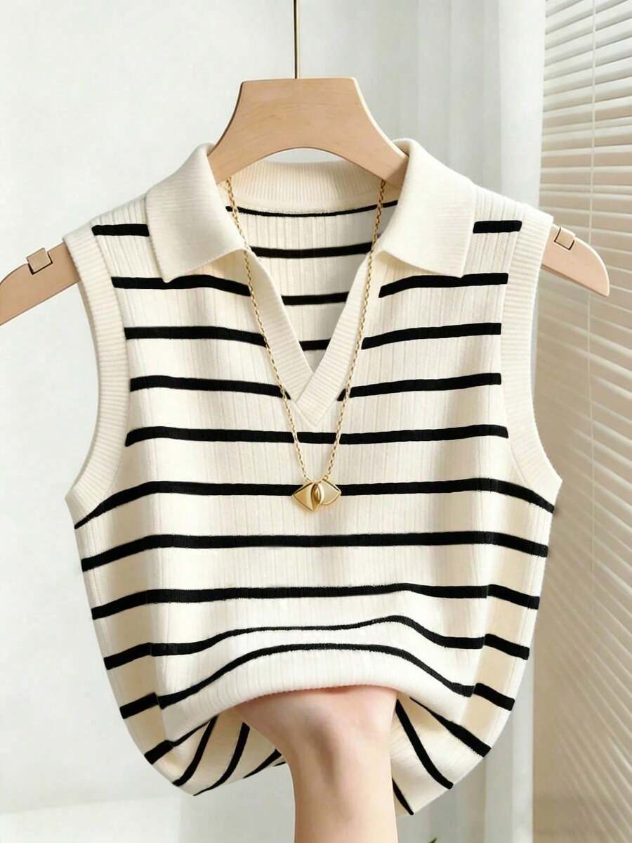 Camiseta de tirantes de punto con cuello y rayas elegante y casual para mujer - Blanco y Negro - Ver 1