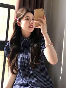 復古格紋領泡泡袖女款夏季通勤百搭襯衫 - 藏蓝色 - 查看 3
