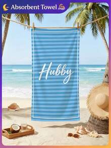 1pc Mr. & Mrs. Wedding Season Beach Towel, Coastal Bachelorette Beach Towel, Bride Tribe Bridesmaid Gift, Beach Party Decor For Bachelorette Party, Bachelorette Party, Bridal Shower, Honeymoon - Light Blue Striped Hubby - View 2