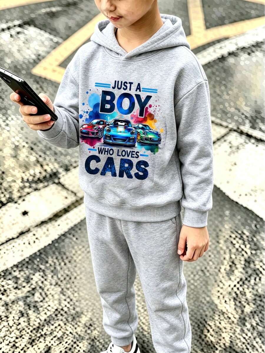 幼儿汽车印花保暖连帽衫和裤子套装 - 灰色 - 查看 1