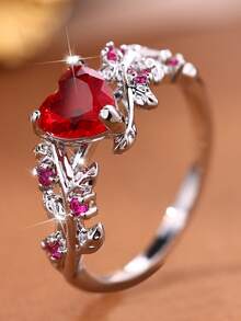 1pc Fashion New Red Heart-Shaped Cubic Zirconia Inlaid Ring, Engagement Jewelry Suitable For Women, Gift For Family/Friends/Lovers/Valentine's Day - Red - View 2