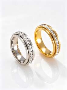 2026 New Style Rotating Stress Relief Single Row Rhinestone Ring, Gold Silver Rose Gold Full Cubic Zirconia Inlaid Ring, Wear-Resistant Waterproof Non-Fading Lucky Fashion Ring, Daily Layering Dating Versatile Jewelry - Baby's Breath Ring - View 3