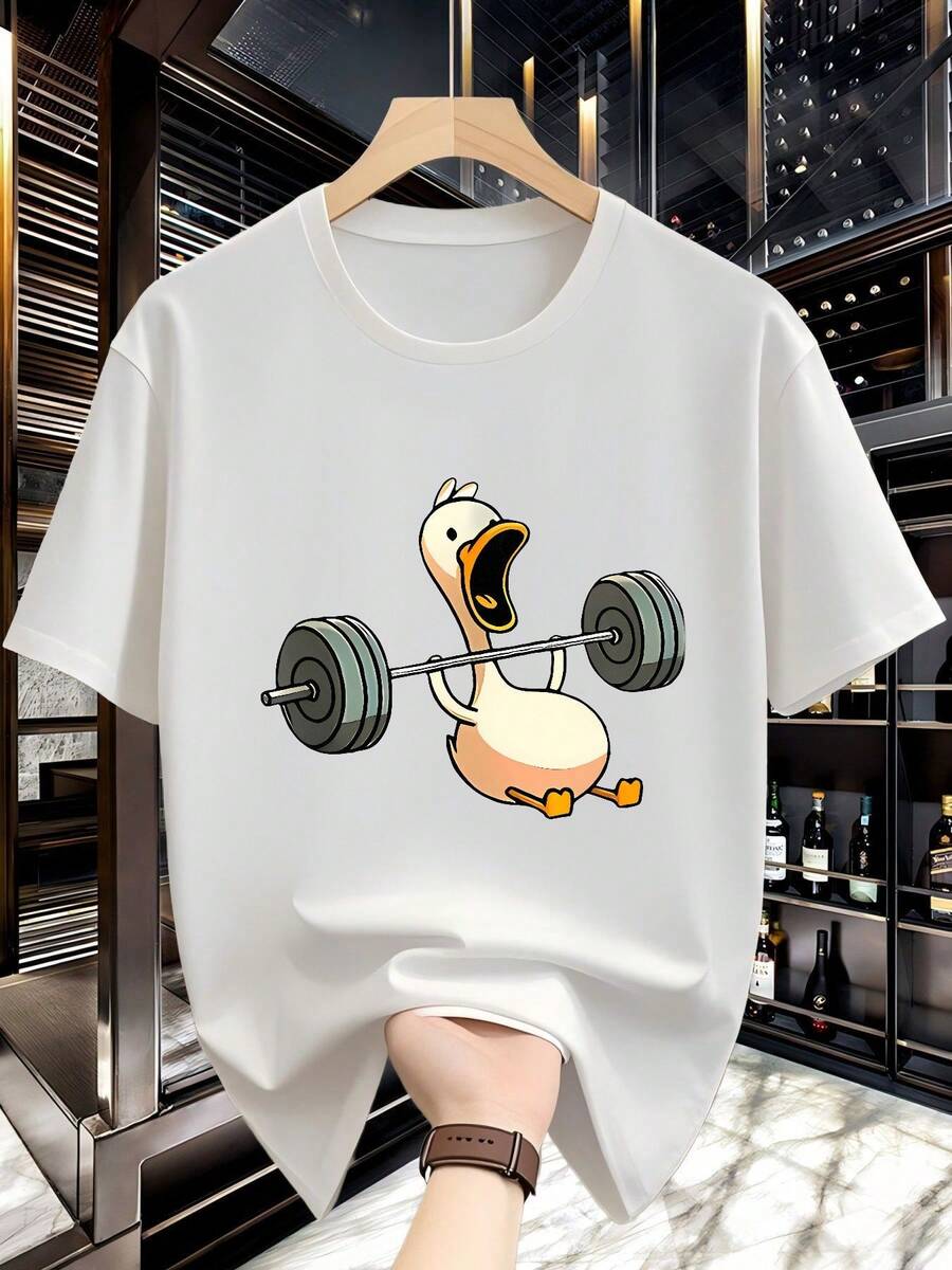 Men's Cartoon Style White Duck Weightlifting Print Loose Casual Crew Neck T-Shirt - 白色 - 查看 1