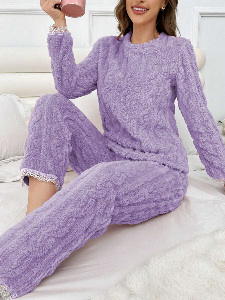 2件組女款春秋冬季居家套裝，珊瑚絨素色蕾絲飾邊加厚休閒睡衣 - 紫色 - 查看 1