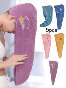 5pcs/Set Coral Fleece Cartoon Embroidered Hair Dryer Cap, Women's Bath Cap With Absorbent Triangle Scarf, Absorbent Hair Dryer Towel, 1pc Women's Quick-Dry Bath Towel, High Absorbency Coral Fleece Women's Bath Towel Set, Women's Embroidered Soft Bath Towel, High Absorbency Towel Headband, Suitable For Wet Hair, Curly Hair And Long Hair, Coral Fleece Bath Cap, Soft Breathable, Absorbent Quick-Dry Towel - Multicolor - View 1