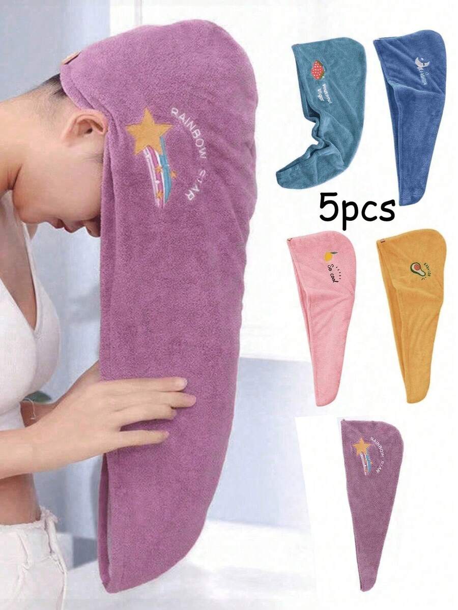 5pcs/Set Coral Fleece Cartoon Embroidered Hair Dryer Cap, Women's Bath Cap With Absorbent Triangle Scarf, Absorbent Hair Dryer Towel, 1pc Women's Quick-Dry Bath Towel, High Absorbency Coral Fleece Women's Bath Towel Set, Women's Embroidered Soft Bath Towel, High Absorbency Towel Headband, Suitable For Wet Hair, Curly Hair And Long Hair, Coral Fleece Bath Cap, Soft Breathable, Absorbent Quick-Dry Towel - Multicolor - View 1
