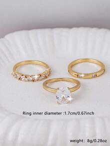 3pcs Sparkling Oval Cubic Zirconia Ring Set, Women's Daily Date, Wedding, Prom, Party Accessories, Bride Stackable Wedding Rings - Yellow Gold - View 6