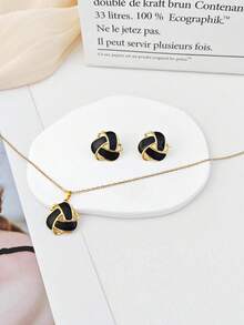 Premium Geometric Enamel Earrings & Necklace Set, Crafted From High-Quality Hypoallergenic Stainless Steel. Women's Wedding And Coming-Of-Age Gift - Multicolor - View 6