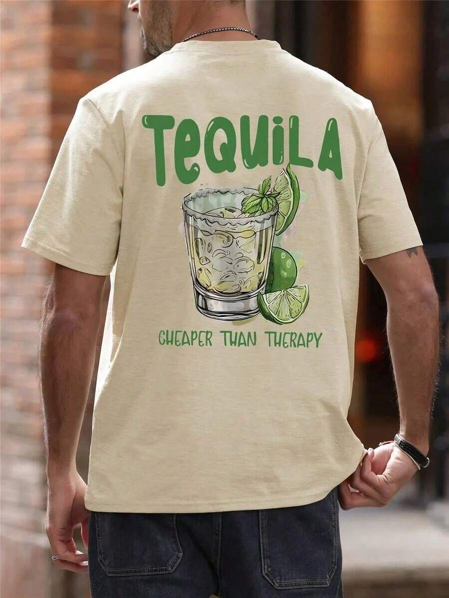 Men's Short, Loose-Fitting T-Shirt With A Print, Showing Off Your Style, Perfect For Casual Summer Wear And Lounging At Home. - 杏色 - 查看 1
