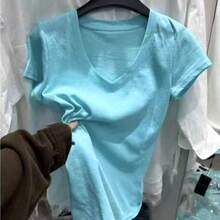 Fashionable All-Match Dopamine Blue V-Neck Short Sleeve T-Shirt, Loose Fit Slimming Casual Versatile Women's Summer Top - Blue - View 2