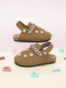 Zapatos tipo mule para niñas color camello con cadena de strass y lazo de strass, hebilla decorativa 3D, adecuados para todas las estaciones, espalda abierta y punta cerrada - Camel - Ver 5