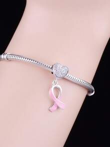 1pc 925 Sterling Silver Pink Enamel Awareness Ribbon Pendant, Fully Paved With Transparent Cubic Zirconia Heart-Shaped Top Spacer Bead, Suitable For European Style Bracelets - Silver - View 5