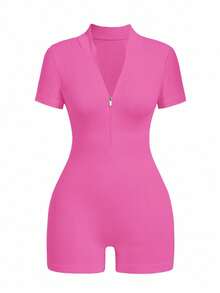 Ribbed Knit Jumpsuit With Half Zip - Fuchsia Pink - View 1