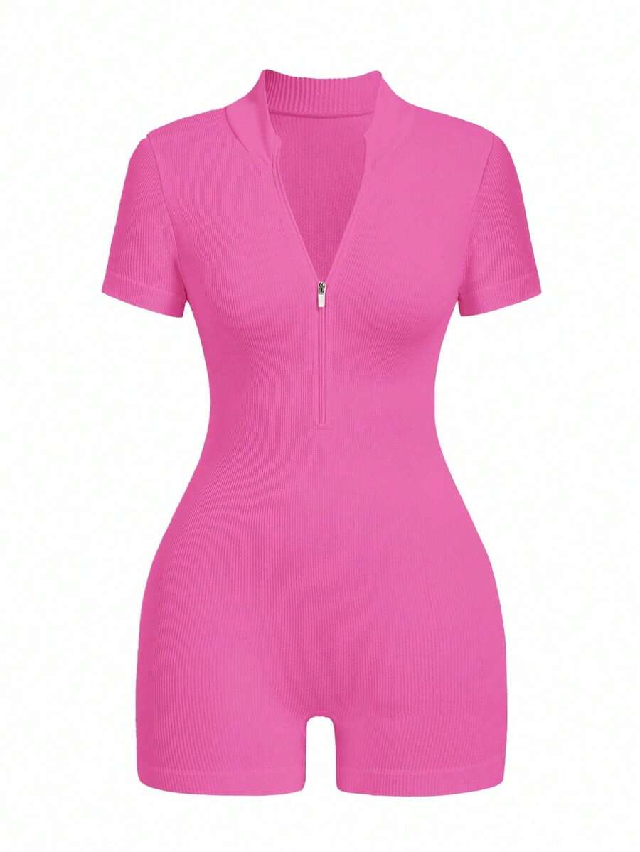 Ribbed Knit Jumpsuit With Half Zip - Fuchsia Pink - View 1