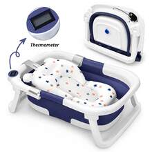 Cochildor Baby Bathtub For Infants To Toddler, With Soft Cushion & Thermometer, Foldable Baby Bathtub, Portable Travel Baby Tub For Newborn - 藍色 - 查看 1