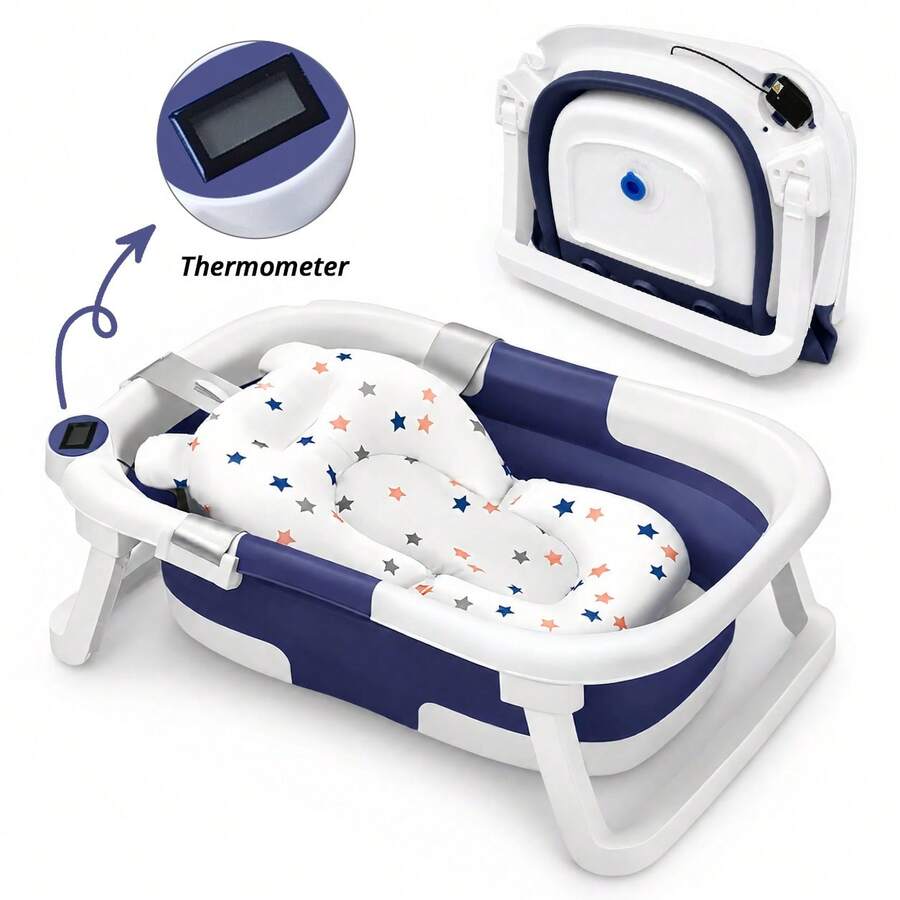 Cochildor Baby Bathtub For Infants To Toddler, With Soft Cushion & Thermometer, Foldable Baby Bathtub, Portable Travel Baby Tub For Newborn - 藍色 - 查看 1