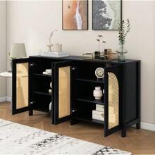 Modern Minimalist Sideboard With 4 Rattan Doors And Metal Handles; Simple Storage Unit For Dining Room, Living Room Or Kitchen (White) - 黑色 - 查看 5