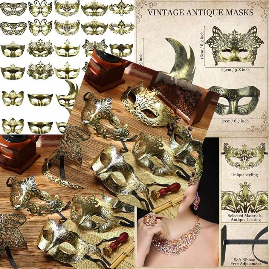 30 Pieces Masquerade Mask Antique Masks With Straps For Women Men Masquerade Ball Mardi Gras Carnival Party Favors - 金色 - 查看 1