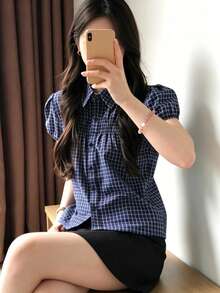 復古格紋領泡泡袖女款夏季通勤百搭襯衫 - 藏蓝色 - 查看 6