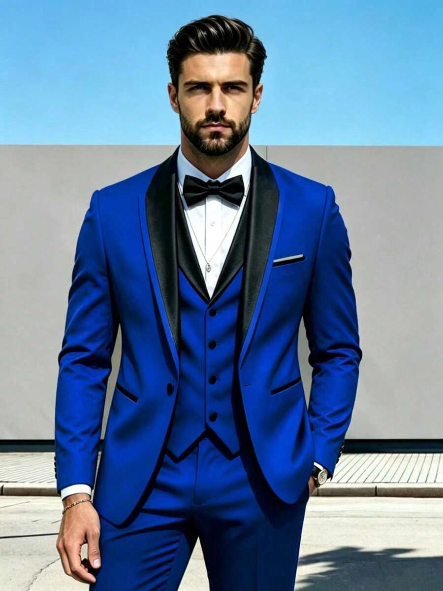 SuitGent 3 Pieces Men's High-Quality Business Suit, Solid Color Groom Wedding Attire, Slim Fit Casual Suit Jacket And Trousers Set, Spring - Royal Blue - View 1