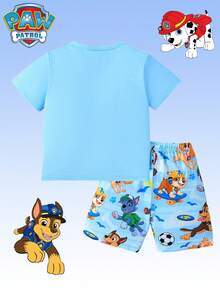 2pcs/Set PAW Patrol Boys' Outfit, Includes Blue Cartoon Puppy Print Short Sleeve T-Shirt And Shorts, Comfortable Sleepwear/Loungewear For Daily, Holiday, Gift - Baby Blue - View 2