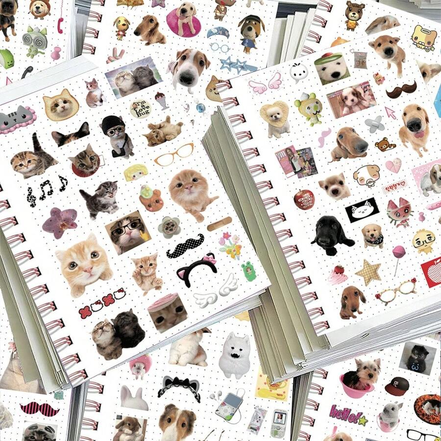 Juego de 8 pegatinas de diario con cabezas grandes de mascotas lindas, paquete de material de collage de gatos estilo Ins, calcomanías impermeables - Multicolor - Ver 1