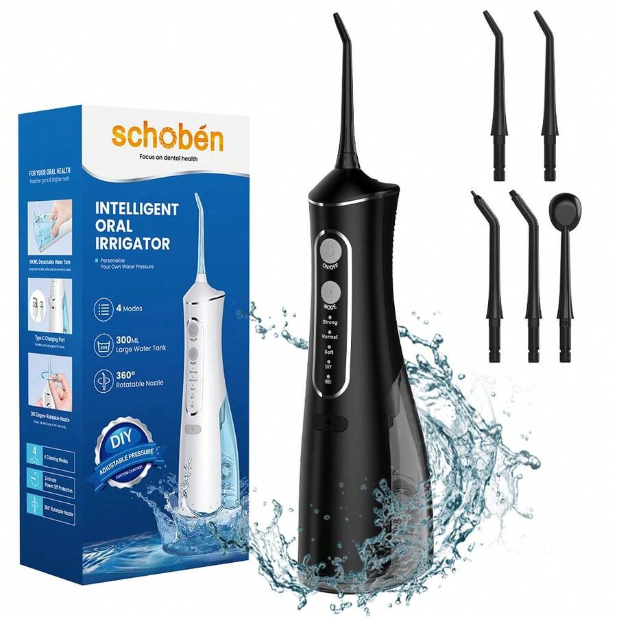 schoben 電動沖牙器 便攜式口腔沖洗器牙齒清潔器，附5款高壓噴嘴，IPX7防水可充電旅行用水牙線，適用於牙齒矯正器與牙齦護理