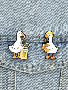 2pcs Summer Juice Goose Enamel Pin Set, Cute Drinking Duckling Matching Brooch, Fun Accessory For Kids & Adults, Perfect Gift Idea - Multicolor - View 4