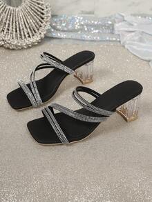 Women's Fashion Elegant Summer Rhinestone Double Strap Square Toe Transparent Crystal Chunky Heel Slides - White - View 2