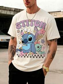 Licensed Disney Tee: Disney Lilo & Stitch Floral Vintage Print, 100% Cotton, Relaxed Fit, Soft & Breathable, Unisex Crew Neck Short Sleeve. - 杏色 - 查看 1
