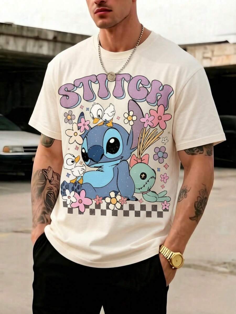 Licensed Disney Tee: Disney Lilo & Stitch Floral Vintage Print, 100% Cotton, Relaxed Fit, Soft & Breathable, Unisex Crew Neck Short Sleeve. - 杏色 - 查看 1