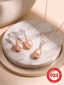 AETOLIA Juego de joyas de plata de ley 925 con perlas naturales, collar y pendientes de circonita cúbica, regalo de aniversario de boda para mujer - Amarillo Oro - Ver 6