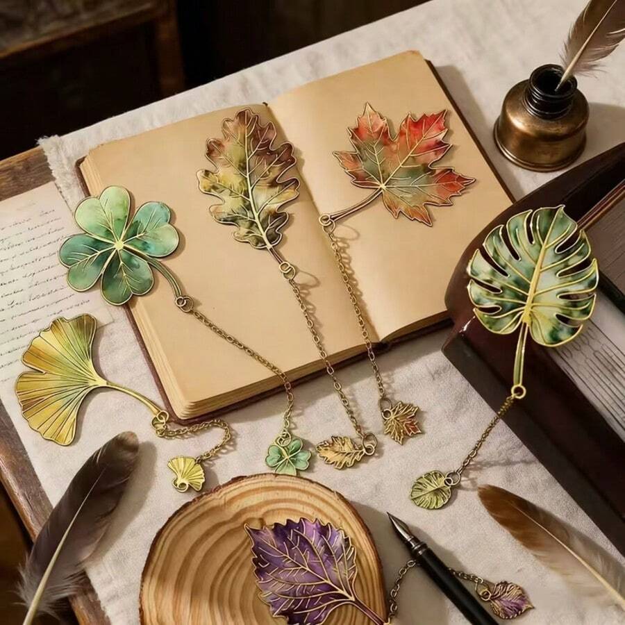 1PC Vintage Leaf Bookmark With Metal Pendant, Ideal Gift For Book Lovers, Suitable For Students, Teachers And Writers