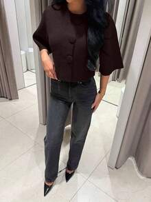 女款優雅素色針織開襟外套，大鈕扣設計，半袖圓領針織上衣 - 棕色 - 查看 5