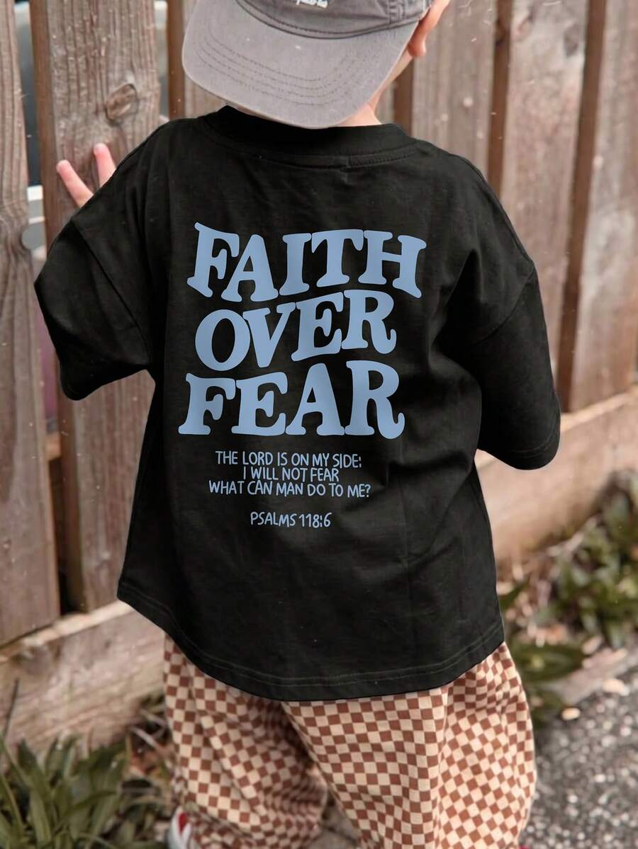Boys' & Teens' Round Neck Short Sleeve T-Shirt, Summer Top - Comfortable T-Shirt For Kids Who Love Outdoor Adventure! Graphic Tee With "Faith Over Fear" Design