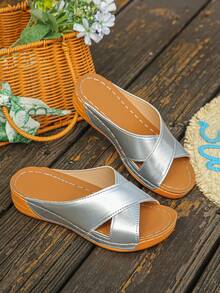 Women's Cross Strap Wooden Color Sandals Comfortable Minimalist Vacation Beach Home Daily Summer Silver Open Toe Slide Sandals - Silver PU - View 8