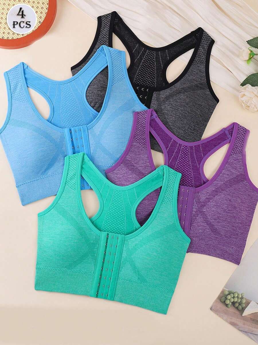 4pcs Women's Sports Bra Front Closure Wire-Free Lingerie Running Shock-Absorbing Push-Up Back-Smoothing Bra - Multicolor - View 1