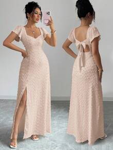 Vestido largo elegante y delgado de unicolor con espalda descubierta, lazo y mangas de loto con abertura alta, para vacaciones y citas en primavera/verano - Albaricoque - Ver 14