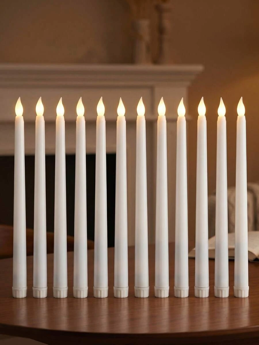 1-12pcs LED Flameless Flickering Candles, Battery Operated LED Taper Flickering Candles, Flameless LED Electronic Candles, Realistic Candles, Suitable For Wedding Decoration, Party, Dining Table, Home, Room, Christmas Decoration, Thanksgiving Decoration, Halloween Decoration - White - View 1