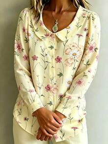 Elegante lässige französische süße Damenbluse mit Peter-Pan-Kragen, gelbem Ditsy-Blumenmuster, 2026 neu für Frühling/Sommer, langärmelig mit Puffärmeln, sanfter Stil, verjüngender Muster, für Pendeln, Dates, Urlaub, modisch vielseitig, atmungsaktiver Chiffon - Gelb - Übersicht 3