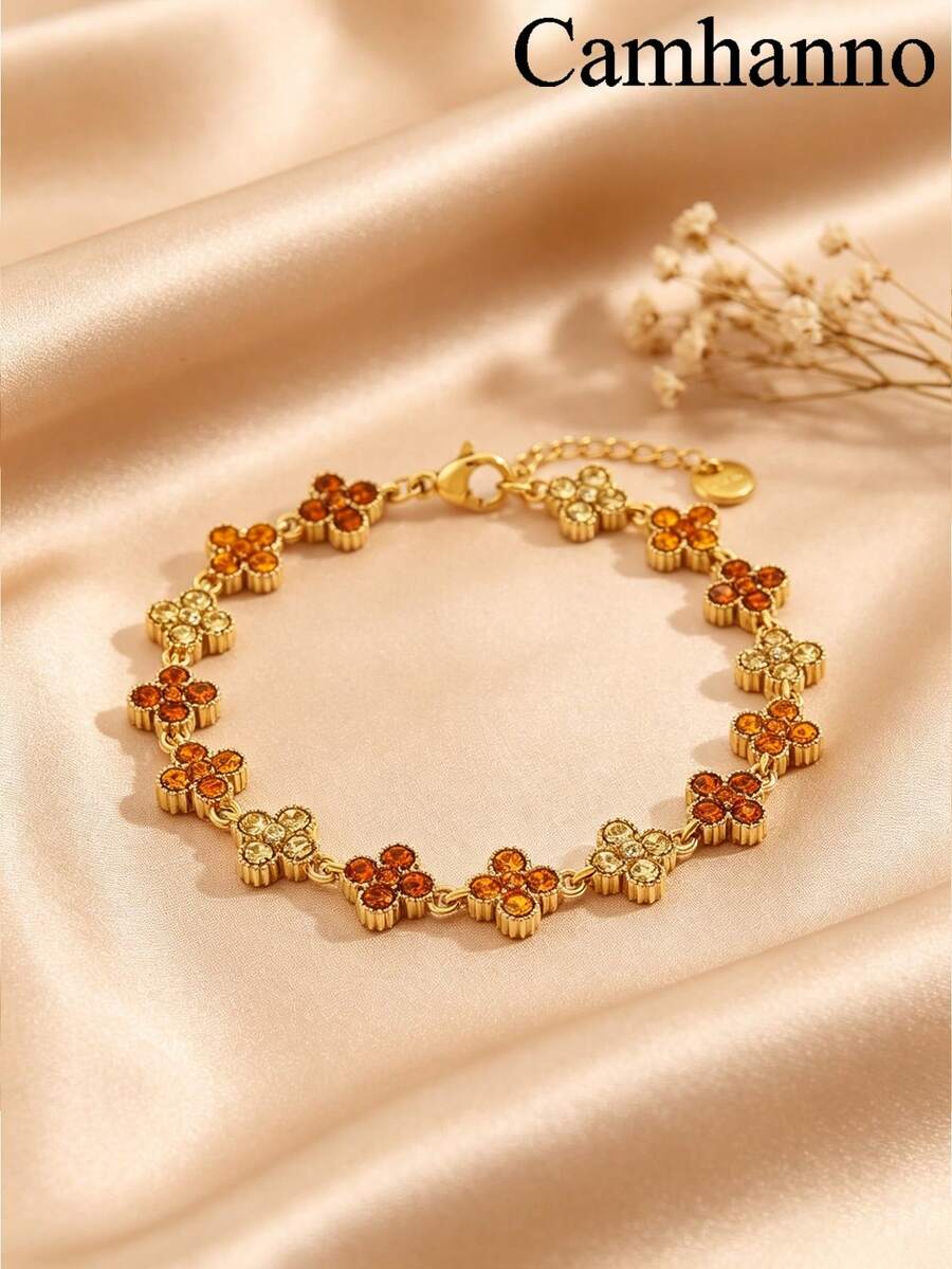 Camhanno 1件歐美奢華風不鏽鋼18K鍍金四葉草水鑽手鍊，多色水鑽可選，不褪色，精緻細鏈，通勤百搭，女款飾品，送閨蜜禮物，日常配件 - 金色4 - 查看 1