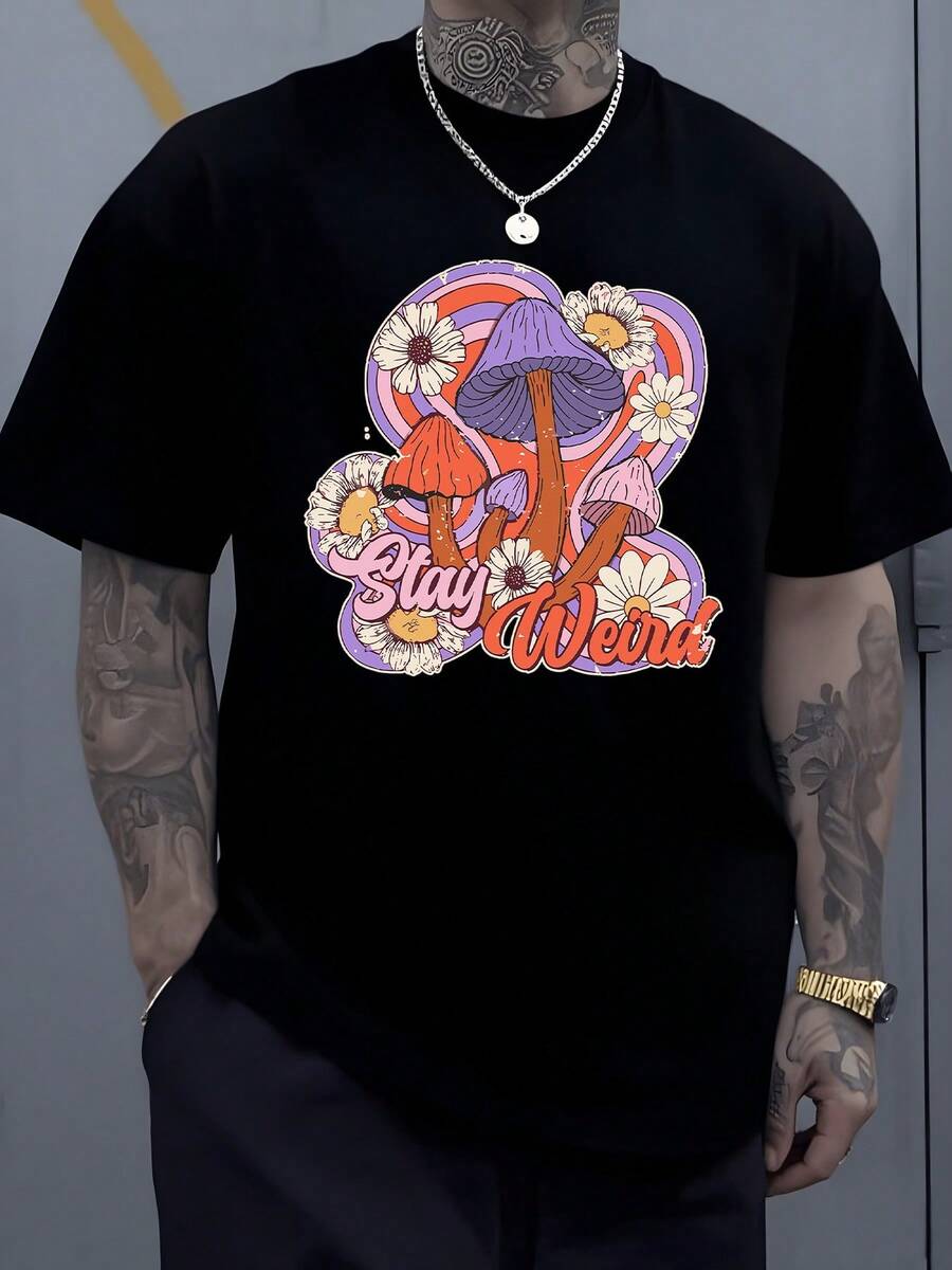 Seta psicodélica colorida con flores y mensaje inspirador camiseta de hombre casual moderna - Negro - Ver 1