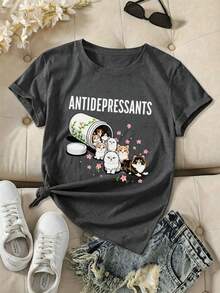 1件女款夏季圓領寬鬆休閒短袖T恤上衣，INS風格，寵物抗憂鬱，趣味卡通櫻花貓「ANTIDEPRESSANTS」字母印花圖案T恤，適合度假、辦公室、外出、休閒日常、約會、派對、聚會、街頭穿搭，給朋友和寵物愛好者的節日禮物 - 深灰色 - 查看 4
